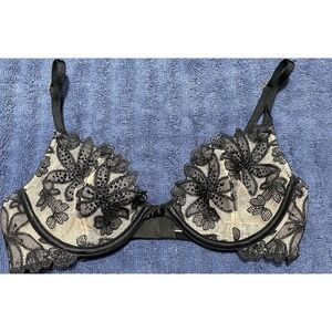 Victoria Secret Very Sexy Low Cut Demi Black Tan See Through Rhinestone Bra 32C